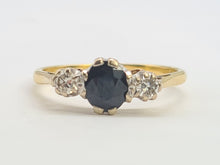 Load image into Gallery viewer, 2910: Vintage: 18ct Gold French Blue Sapphire Round Cut Diamonds Ring- "Three stone straight"