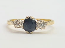 Load image into Gallery viewer, 2910: Vintage: 18ct Gold French Blue Sapphire Round Cut Diamonds Ring- "Three stone straight"
