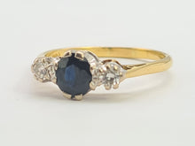 Load image into Gallery viewer, 2910: Vintage: 18ct Gold French Blue Sapphire Round Cut Diamonds Ring- "Three stone straight"