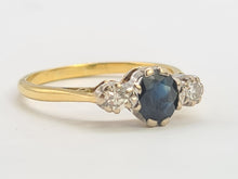 Load image into Gallery viewer, 2910: Vintage: 18ct Gold French Blue Sapphire Round Cut Diamonds Ring- "Three stone straight"