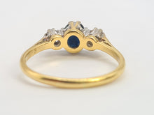Load image into Gallery viewer, 2910: Vintage: 18ct Gold French Blue Sapphire Round Cut Diamonds Ring- "Three stone straight"