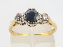 Load image into Gallery viewer, 2910: Vintage: 18ct Gold French Blue Sapphire Round Cut Diamonds Ring- "Three stone straight"