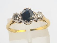 Load image into Gallery viewer, 2910: Vintage: 18ct Gold French Blue Sapphire Round Cut Diamonds Ring- "Three stone straight"
