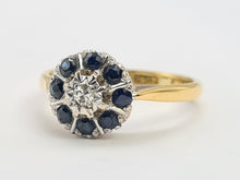 Load image into Gallery viewer, 6255 Vintage: 18ct Gold Diamond Blue Sapphires Daisy Ring