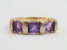 Load image into Gallery viewer, 6328 Vintage: 9ct Gold Rich Purple Amethyst Trilogy Diamonds Dress Ring