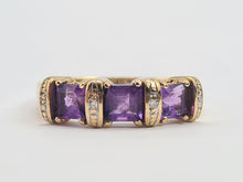 Load image into Gallery viewer, 6328 Vintage: 9ct Gold Rich Purple Amethyst Trilogy Diamonds Dress Ring