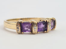 Load image into Gallery viewer, 6328 Vintage: 9ct Gold Rich Purple Amethyst Trilogy Diamonds Dress Ring