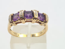 Load image into Gallery viewer, 6328 Vintage: 9ct Gold Rich Purple Amethyst Trilogy Diamonds Dress Ring