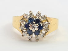 Cargar imagen en el visor de la galería, 0346: Vintage: 18ct Gold French Blue Sapphires Diamonds Flower Head Ring- dates from 1960's -