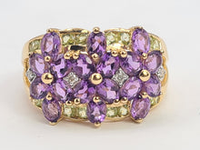 Load image into Gallery viewer, 6253 Vintage: 14ct Gold Amethysts, Peridots, Diamond's Cluster Cocktail Ring- Suffragette Colours