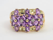 Load image into Gallery viewer, 6253 Vintage: 14ct Gold Amethysts, Peridots, Diamond's Cluster Cocktail Ring- Suffragette Colours