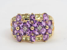 Load image into Gallery viewer, 6253 Vintage: 14ct Gold Amethysts, Peridots, Diamond's Cluster Cocktail Ring- Suffragette Colours