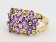 Load image into Gallery viewer, 6253 Vintage: 14ct Gold Amethysts, Peridots, Diamond's Cluster Cocktail Ring- Suffragette Colours
