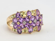 Load image into Gallery viewer, 6253 Vintage: 14ct Gold Amethysts, Peridots, Diamond's Cluster Cocktail Ring- Suffragette Colours