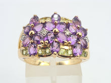 Load image into Gallery viewer, 6253 Vintage: 14ct Gold Amethysts, Peridots, Diamond's Cluster Cocktail Ring- Suffragette Colours
