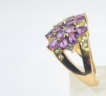 Load image into Gallery viewer, 6253 Vintage: 14ct Gold Amethysts, Peridots, Diamond's Cluster Cocktail Ring- Suffragette Colours
