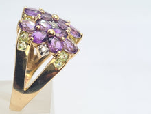 Load image into Gallery viewer, 6253 Vintage: 14ct Gold Amethysts, Peridots, Diamond's Cluster Cocktail Ring- Suffragette Colours
