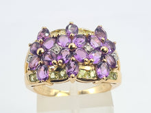 Load image into Gallery viewer, 6253 Vintage: 14ct Gold Amethysts, Peridots, Diamond's Cluster Cocktail Ring- Suffragette Colours