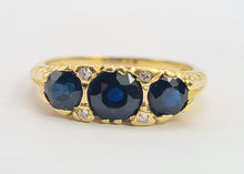 Load image into Gallery viewer, 6311 Vintage: 18ct Gold French Blue Sapphires Trilogy Diamonds Ring- Date-Mark 1973