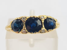 Load image into Gallery viewer, 6311 Vintage: 18ct Gold French Blue Sapphires Trilogy Diamonds Ring- Date-Mark 1973