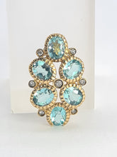 Cargar imagen en el visor de la galería, 0210: Vintage: Petite 9ct Gold Simulated Aquamarines 7 Diamonds Ring 