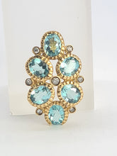 Cargar imagen en el visor de la galería, 0210: Vintage: Petite 9ct Gold Simulated Aquamarines 7 Diamonds Ring 