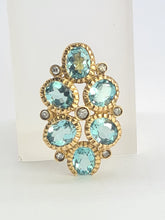 Cargar imagen en el visor de la galería, 0210: Vintage: Petite 9ct Gold Simulated Aquamarines 7 Diamonds Ring 