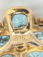 Cargar imagen en el visor de la galería, 0210: Vintage: Petite 9ct Gold Simulated Aquamarines 7 Diamonds Ring 