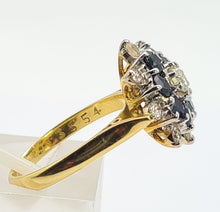 Load image into Gallery viewer, 6234 Vintage: 18ct Gold 8 Blue Sapphires 9 Round Cut Diamonds Flower Head Ring- From 1975