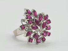 Load image into Gallery viewer, 6143: Vintage: 18ct White Gold Rubies Diamonds "Snowflake" Cluster Ring