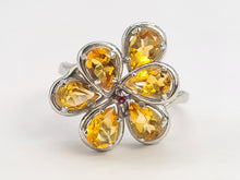 Cargar imagen en el visor de la galería, 0673: Vintage: Rare 14ct Gold 6 Citrines Almandine Garnet Floral Cocktail Ring- striking colours