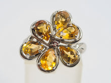 Cargar imagen en el visor de la galería, 0673: Vintage: Rare 14ct Gold 6 Citrines Almandine Garnet Floral Cocktail Ring- striking colours