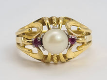 Load image into Gallery viewer, 6136 Vintage: Rare: 18ct Gold Cultured Pearl Rubies Cocktail Ring