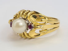 Load image into Gallery viewer, 6136 Vintage: Rare: 18ct Gold Cultured Pearl Rubies Cocktail Ring