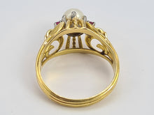 Load image into Gallery viewer, 6136 Vintage: Rare: 18ct Gold Cultured Pearl Rubies Cocktail Ring