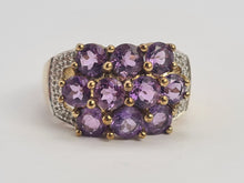 Cargar imagen en el visor de la galería, 0698: Vintage: 9ct Gold Purple Amethysts 14 Diamonds Cocktail Ring