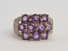 Cargar imagen en el visor de la galería, 0698: Vintage: 9ct Gold Purple Amethysts 14 Diamonds Cocktail Ring