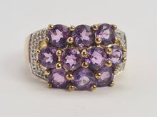 Cargar imagen en el visor de la galería, 0698: Vintage: 9ct Gold Purple Amethysts 14 Diamonds Cocktail Ring