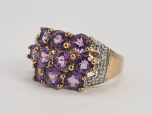 Cargar imagen en el visor de la galería, 0698: Vintage: 9ct Gold Purple Amethysts 14 Diamonds Cocktail Ring