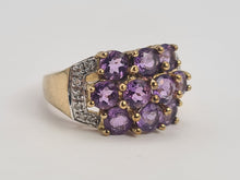 Cargar imagen en el visor de la galería, 0698: Vintage: 9ct Gold Purple Amethysts 14 Diamonds Cocktail Ring