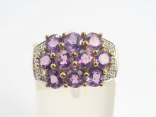 Cargar imagen en el visor de la galería, 0698: Vintage: 9ct Gold Purple Amethysts 14 Diamonds Cocktail Ring