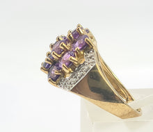 Cargar imagen en el visor de la galería, 0698: Vintage: 9ct Gold Purple Amethysts 14 Diamonds Cocktail Ring