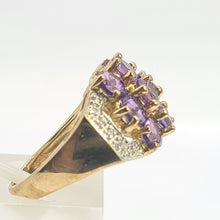 Cargar imagen en el visor de la galería, 0698: Vintage: 9ct Gold Purple Amethysts 14 Diamonds Cocktail Ring