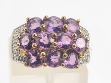 Cargar imagen en el visor de la galería, 0698: Vintage: 9ct Gold Purple Amethysts 14 Diamonds Cocktail Ring