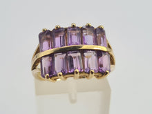 Cargar imagen en el visor de la galería, 0358: Vintage: Rare 9ct Gold 10 Emerald Cut Amethysts Cocktail Ring - statement, nice weight