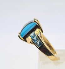 Load image into Gallery viewer, 6299 Vintage; 9ct Gold London Blue Topaz Emerald & Princess Cut Cocktail Ring