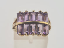 Cargar imagen en el visor de la galería, 0358: Vintage: Rare 9ct Gold 10 Emerald Cut Amethysts Cocktail Ring - statement, nice weight