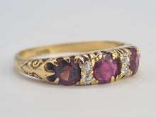 Cargar imagen en el visor de la galería, 0567: Vintage & Old 18ct Gold Rubies Diamonds Ring- splendid