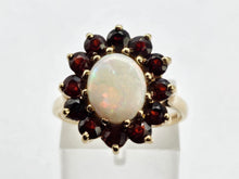 Cargar imagen en el visor de la galería, 0775: Vintage: 9ct Gold White Opal Red Garnets Flower- Head Cocktail Ring- Date-Mark 1977