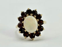 Cargar imagen en el visor de la galería, 0775: Vintage: 9ct Gold White Opal Red Garnets Flower- Head Cocktail Ring- Date-Mark 1977
